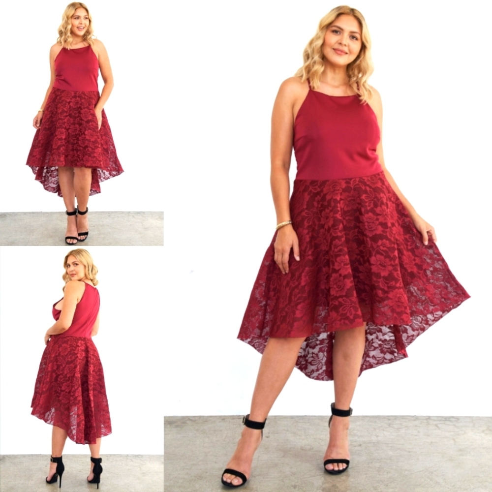 Plus Size Cabernet Square Hi-Low Floral Lace Dress